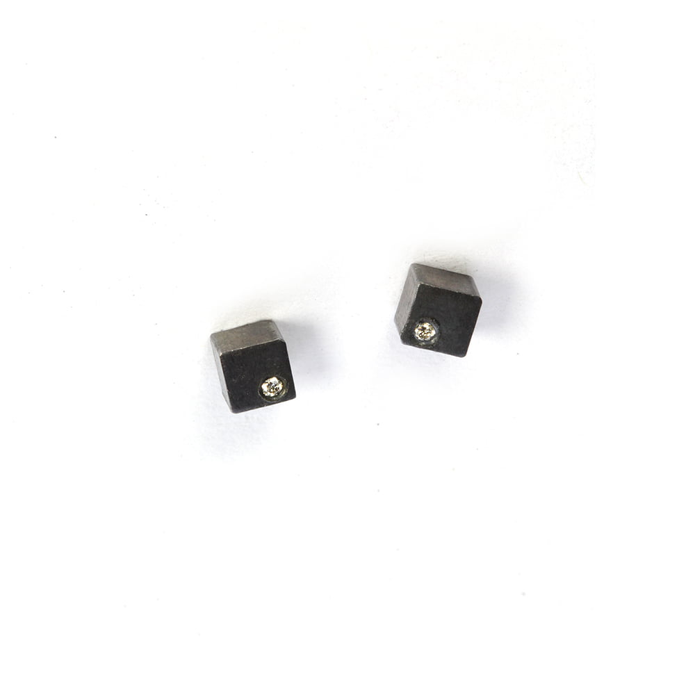 Tiny cube earrings from the Celebration collection, handcrafted by Julie Bégin using oxidised sterling silver and genuine diamonds.