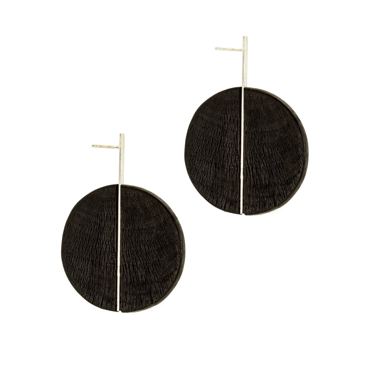 Duality earrings from the Quantum collection, handcrafted by Julie Bégin using pure sterling silver and hand charred wood.