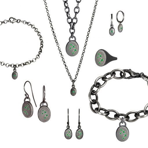 The ENVY jewellery collection, handcrafted by Julie Bégin using aged sterling silver and genuine emeralds.